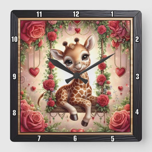 Baby Giraffe Rose Garden スクエア壁時計 (正面)