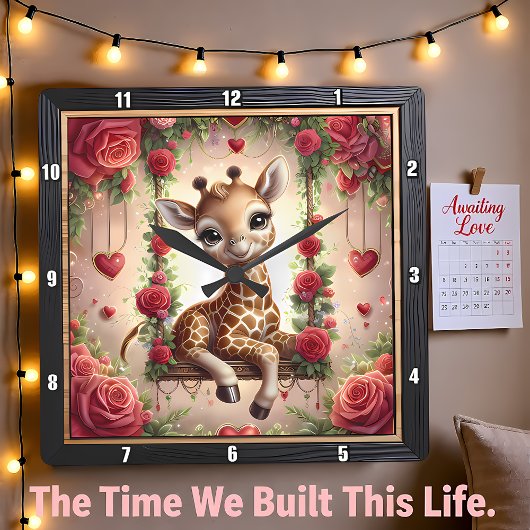 Baby Giraffe Rose Garden スクエア壁時計