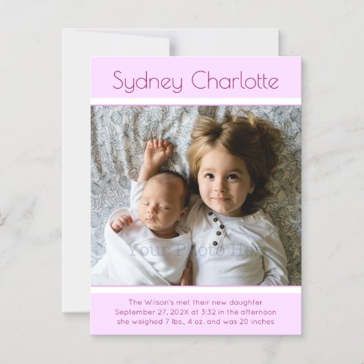 Baby Girlミニマル誕生写真の発表 マグネット招待状 (正面)