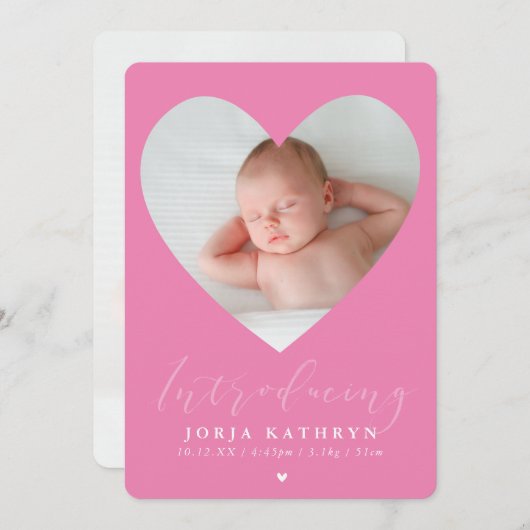 BABY GIRL写真かわいいハートフレームピンク 招待状 (正面/裏面)