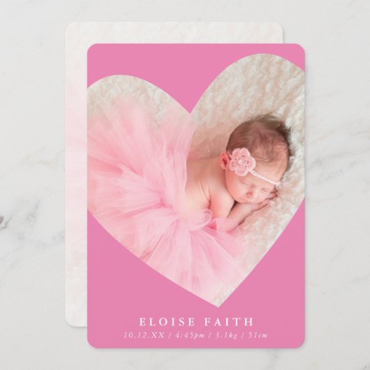 BABY GIRL写真かわいいモダンハートフレームピンク 招待状 (正面/裏面)