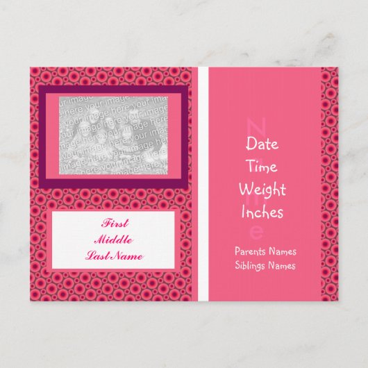 Baby Girl写真の発表テンプレート 案内ポストカード (正面)