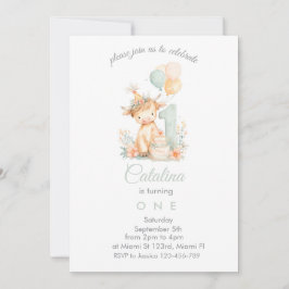 Baby Girl 1st Birthday highland cow 招待状