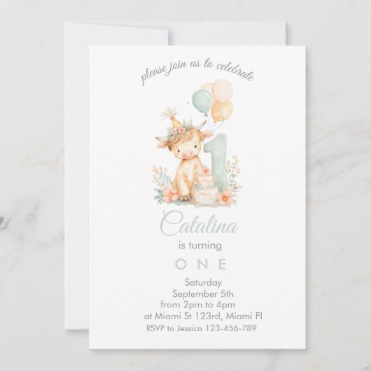 Baby Girl 1st Birthday highland cow 招待状 (正面)