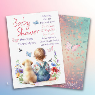 Baby Girl and her Puppy Baby Shower Watercolor 招待状