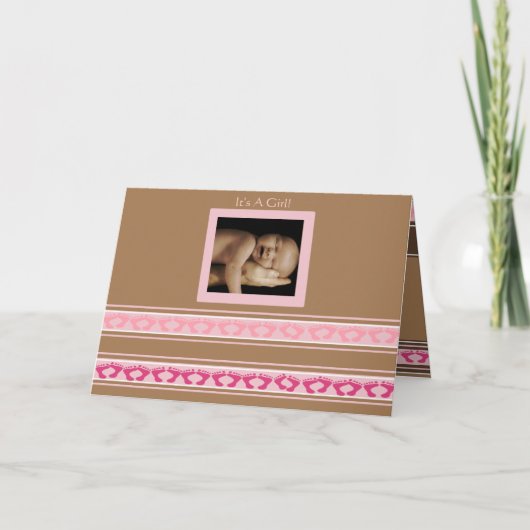 Baby Girl Annoucementかわいいベビー足あなたの写真 –  案内状 (正面)