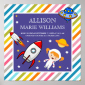 Baby Girl Astronaut Outer Space Rocket Birth Stats ポスター (正面)