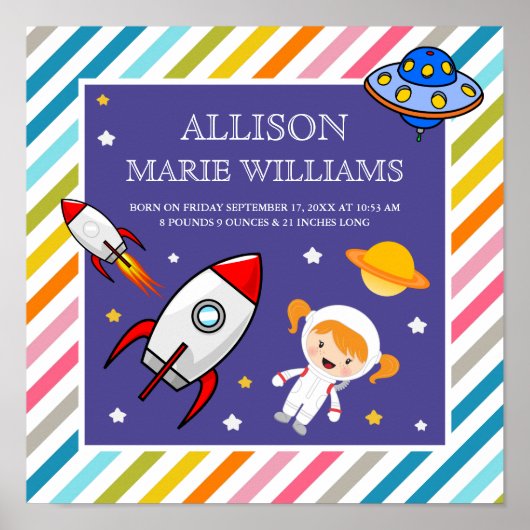 Baby Girl Astronaut Outer Space Rocket Birth Stats ポスター (正面)