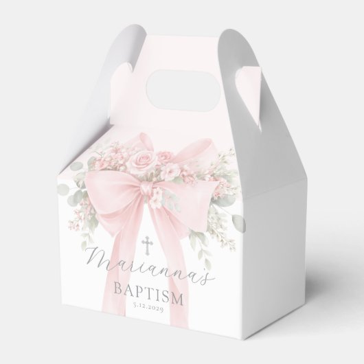 Baby Girl Baptism Floral Blush Pink Bow フェイバーボックス (正面サイド)