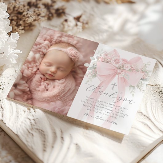 Baby Girl Baptism Photo Floral Bow Thank you Card 招待状
