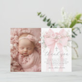 Baby Girl Baptism Photo Floral Bow Thank you Card 招待状 (スタンド正面)