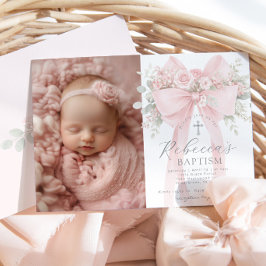 Baby Girl Baptism Photo Floral Eucalyptus Bow 招待状