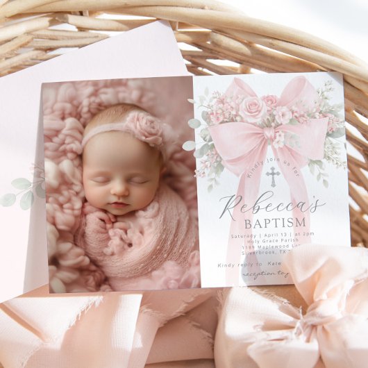 Baby Girl Baptism Photo Floral Eucalyptus Bow 招待状