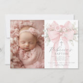 Baby Girl Baptism Photo Floral Eucalyptus Bow 招待状 (正面)
