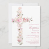 baby girl Baptism pink floral cross 招待状 (正面)