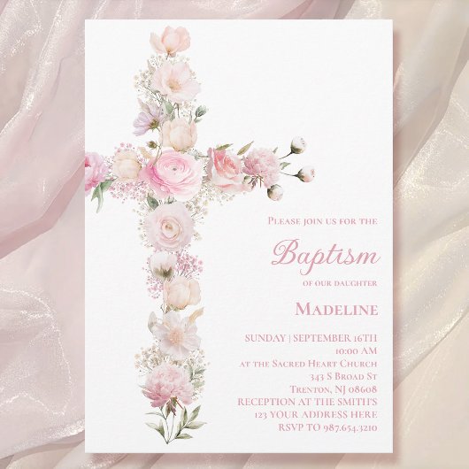 baby girl Baptism pink floral cross 招待状