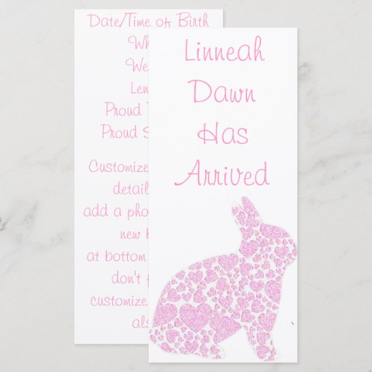 Baby Girl Birth Announcement Bookmark Keepsake (正面/裏面)