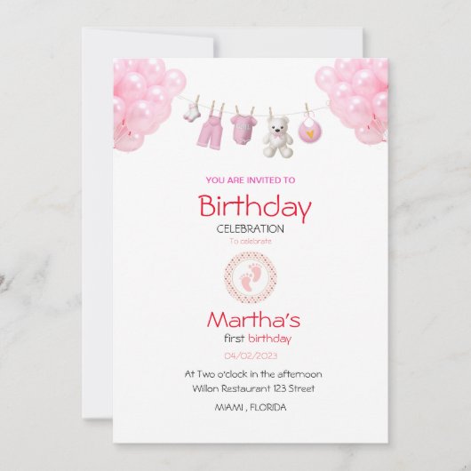 baby girl birthday invitation card 招待状 (正面)