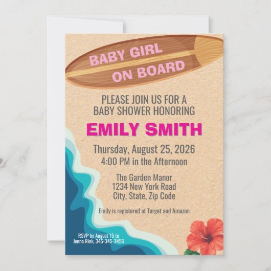 Baby Girl Board Surfboard Baby Shower Invitation 招待状 (正面)