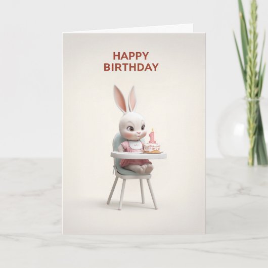 Baby Girl Bunny in High Chair With 1st BDay Cake カード (正面)
