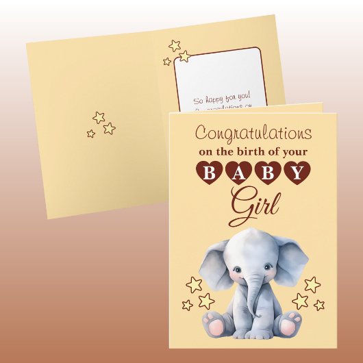 Baby girl congratulations elephant peach カード