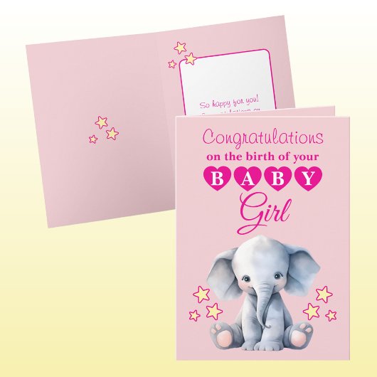 Baby girl congratulations elephant pink カード