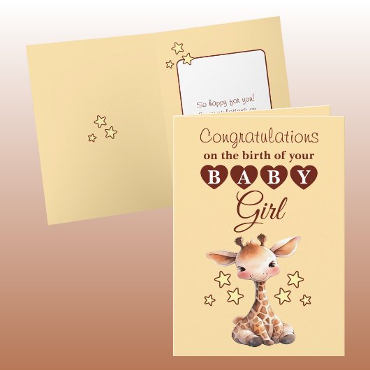 Baby girl congratulations giraffe peach カード