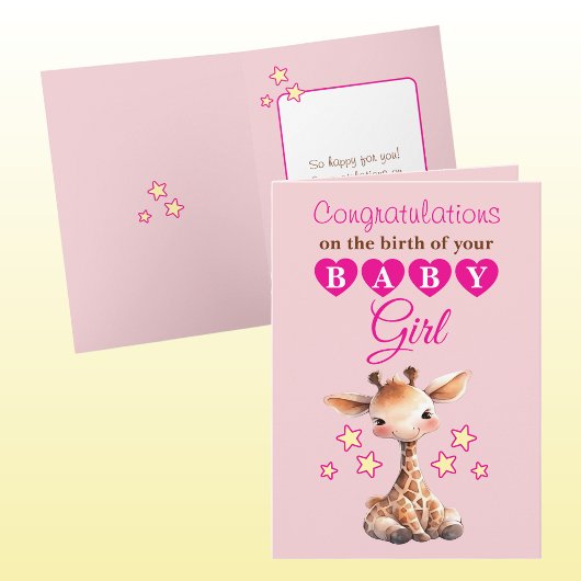 Baby girl congratulations giraffe pink カード