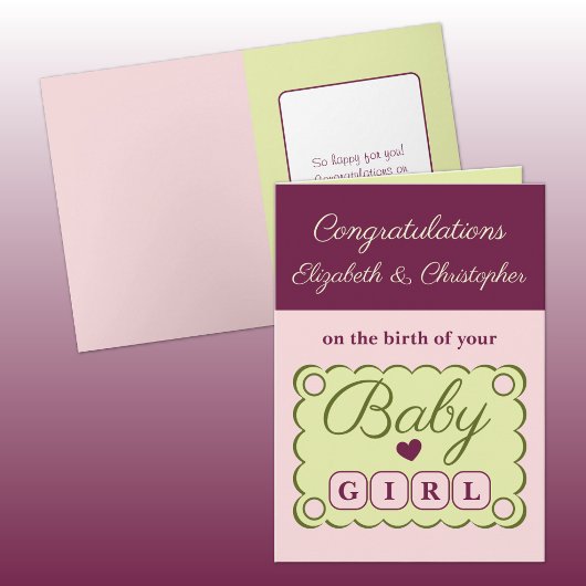 Baby girl congratulations pink green カード