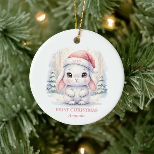 Baby Girl First Christmas Pink Bunny Photo セラミックオーナメント (ツリー)