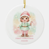 Baby Girl First Christmas Pink Elf Photo セラミックオーナメント (正面)