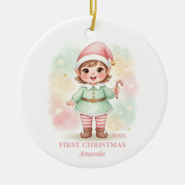 Baby Girl First Christmas Pink Elf Photo セラミックオーナメント