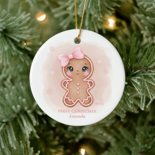 Baby Girl First Christmas Pink Gingerbread Photo セラミックオーナメント (ツリー)