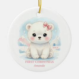 Baby Girl First Christmas Pink Polar Bear Photo セラミックオーナメント