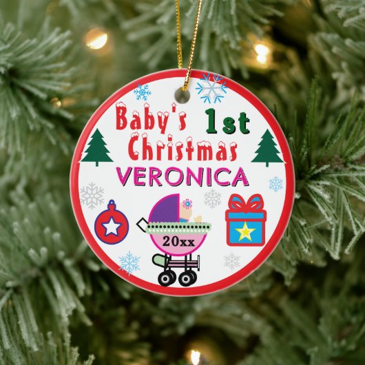 Baby Girl First Christmas Pink Purple Carriage  セラミックオーナメント (ツリー)