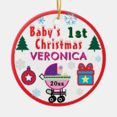 Baby Girl First Christmas Pink Purple Carriage  セラミックオーナメント (正面)