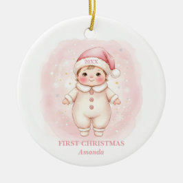 Baby Girl First Christmas Pink Santa Photo セラミックオーナメント