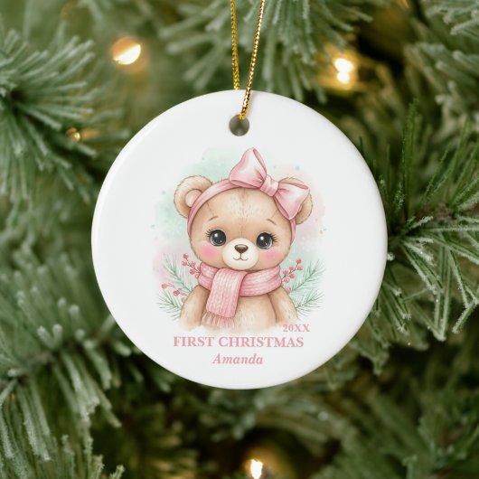 Baby Girl First Christmas Pink Teddy Bear Photo セラミックオーナメント (ツリー)