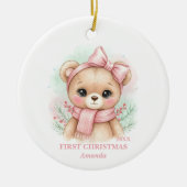 Baby Girl First Christmas Pink Teddy Bear Photo セラミックオーナメント (正面)