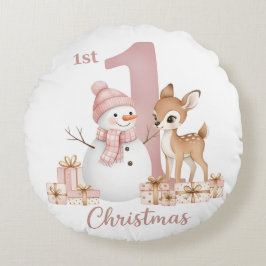 Baby Girl First Christmas Snowman Deer ラウンドクッション