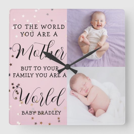 Baby girl First Year Photo Collage Keepsake pink スクエア壁時計 (正面)