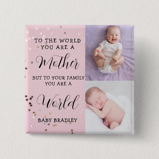 Baby girl First Year Photo Collage Keepsake pink  缶バッジ (正面)