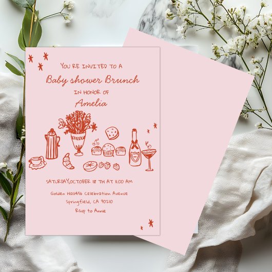 Baby Girl Hand Drawn Baby Shower Brunch 招待状