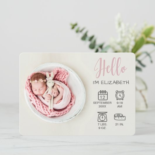 Baby girl hello overlay写真と誕生統計アイコン 案内状 (スタンド正面)