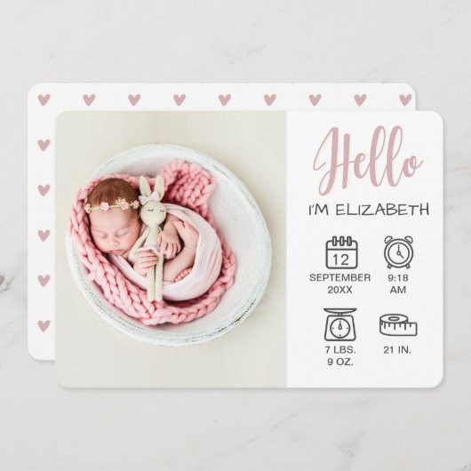 Baby girl hello overlay写真と誕生統計アイコン 案内状 (正面/裏面)
