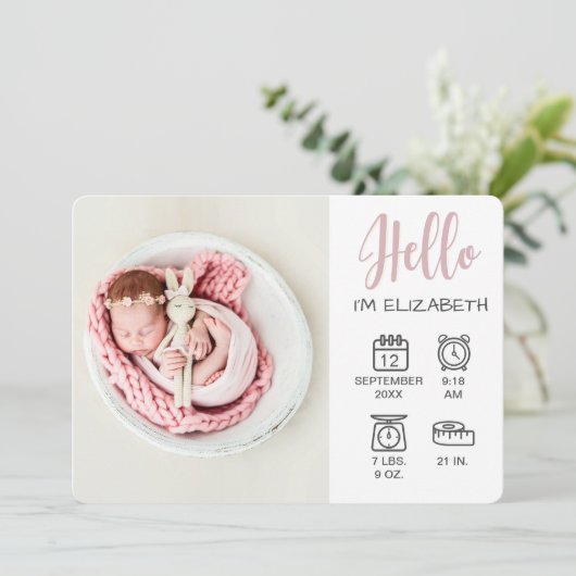 Baby girl hello overlay写真と誕生統計アイコン 案内状 (スタンド正面)