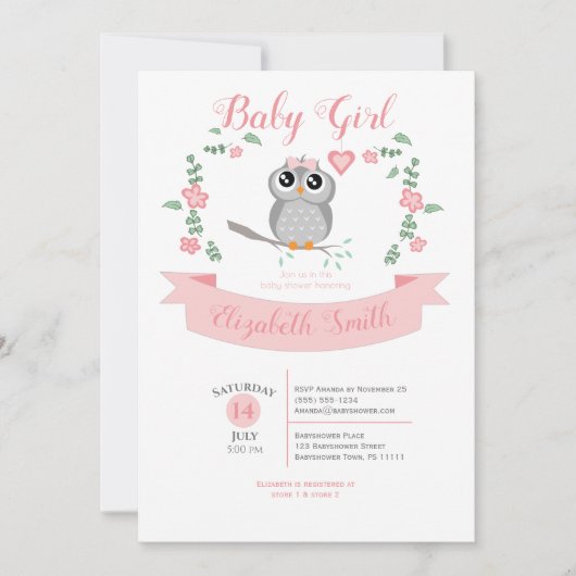 Baby Girl owl bear babyshower 招待状 (正面)