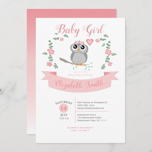 Baby Girl owl bear babyshower 招待状 (正面/裏面)
