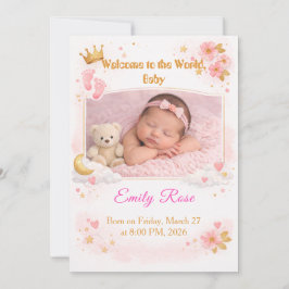 Baby Girl Photo Announcement Card Pink Floral 招待状