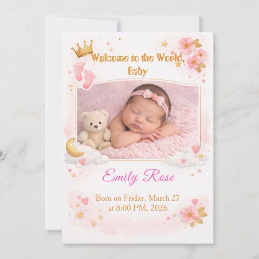 Baby Girl Photo Announcement Card Pink Floral 招待状 (正面)